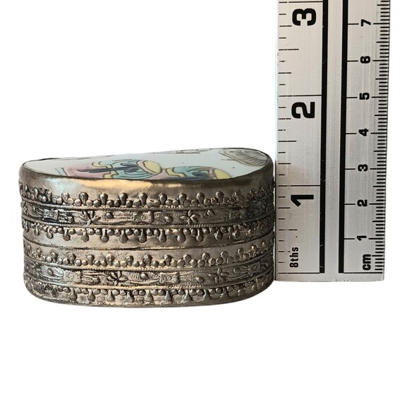 VTG Chinese Porcelain Shard Trinket Box Silver Plated Pastel Pink Blue Yellow - Picture 11 of 11